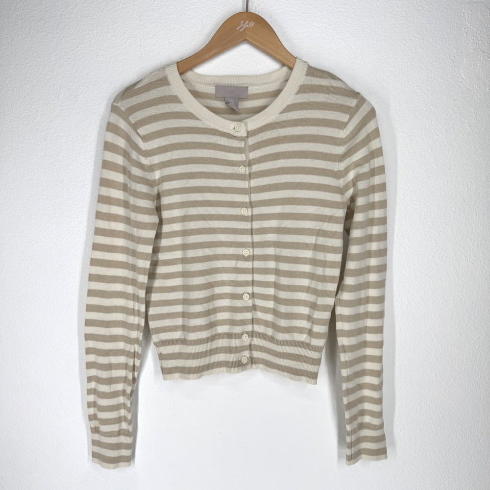 HM Womens Striped Button Crewneck Cardigan Sweater French Girl Coastal Preppy